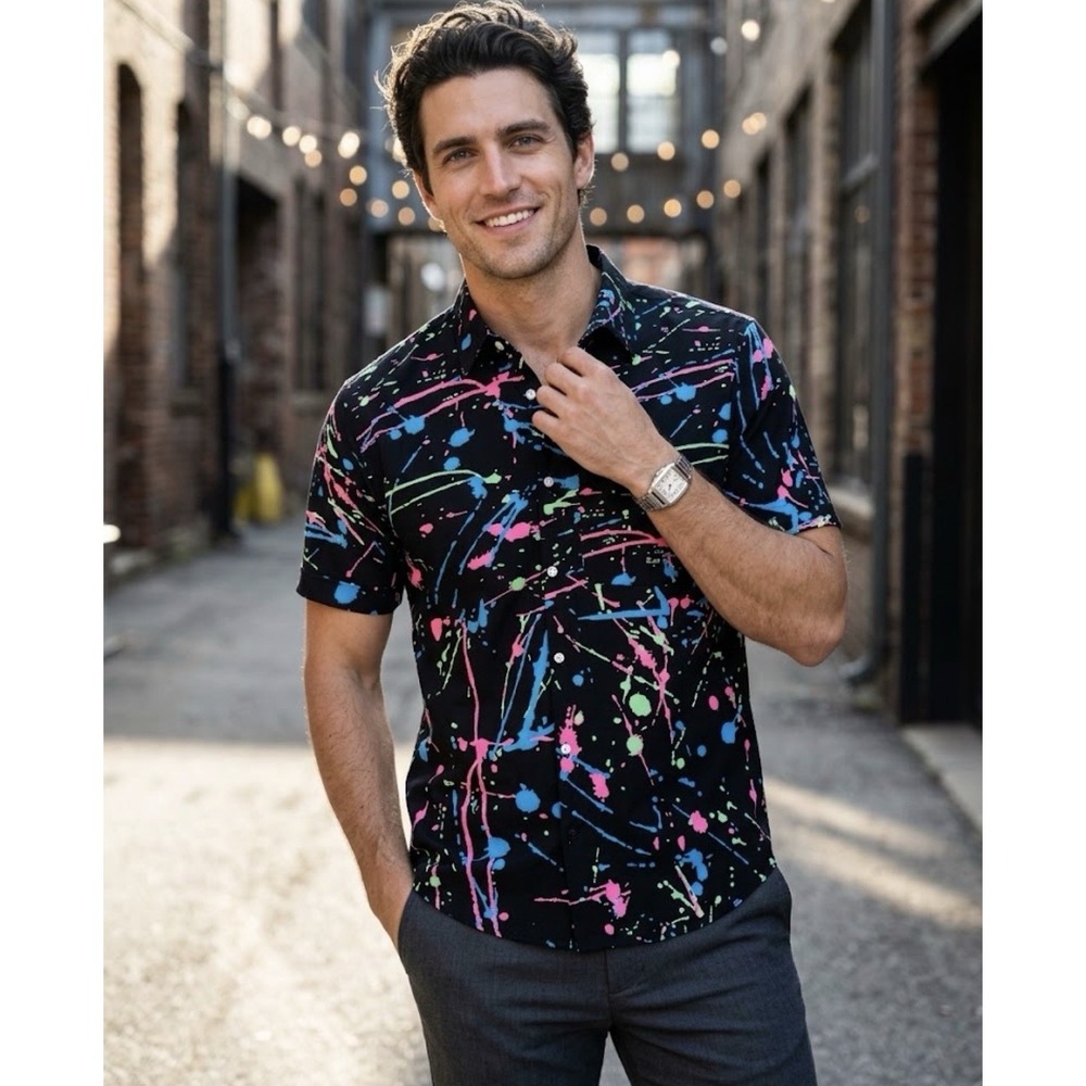 B Fresh Gear 90s Splatter Paint Stretch Shirt Mens L Button Fresh